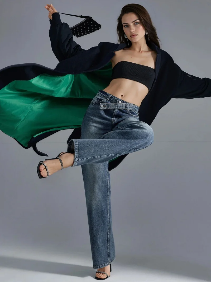 هيكاب جينز سكالو نسائي بخصر عالٍ وأرجل واسعة